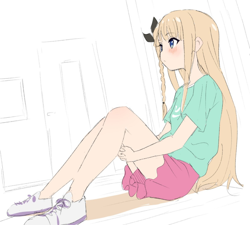 blonde_hair blue_eyes blush braid closed_mouth female from_side full_body green_shirt hugging_own_legs idoly_pride long_hair narumiya_suzu pink_shorts purple_footwear shirt shoes short_shorts short_sleeves shorts side_braid sincos sitting solo