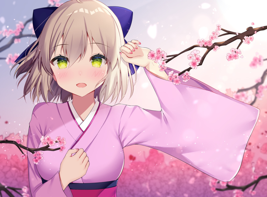 :d aozora_nan blurry blurry_background blush bow branch breasts commentary_request depth_of_field fate/grand_order fate_(series) female flower green_eyes hair_between_eyes hairbow hand_up japanese_clothes kimono koha-ace light_brown_hair long_sleeves looking_at_viewer medium_breasts nail_polish okita_souji_(fate) okita_souji_(koha-ace) open_mouth pink_flower pink_kimono pink_nails purple_bow smile solo upper_body wide_sleeves