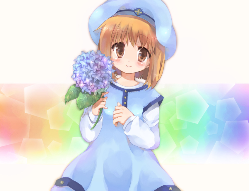 bad_id bad_pixiv_id blue_dress blue_flower blue_headwear blush brown_eyes brown_hair closed_mouth commentary cowboy_shot dress female flower fortune_summoners highres hizukiryou hydrangea leaf looking_at_viewer sana_poanet shirt short_hair smile solo white_shirt