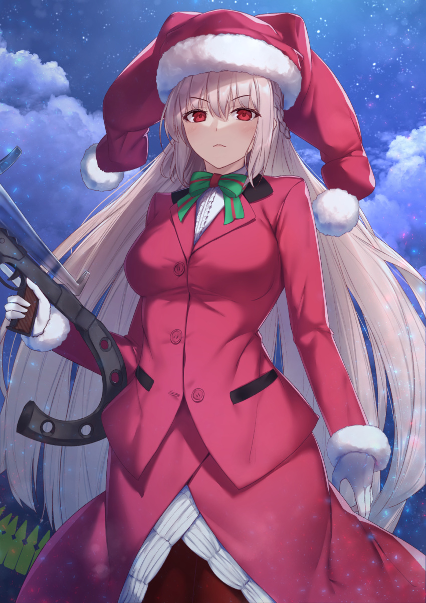 commentary_request cowboy_shot fate/grand_order fate_(series) female florence_nightingale_(fate) florence_nightingale_(santa)_(fate) front_slit fur-trimmed_headwear fur-trimmed_sleeves fur_trim gloves hat highres jacket long_skirt long_sleeves night night_sky outdoors pantyhose red_hat red_jacket red_skirt reuri_(tjux4555) santa_costume santa_hat skirt sky solo umbrella_gun white_gloves