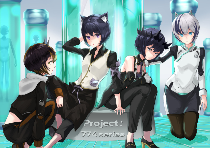 4girls animal_ears animare black_collar black_footwear black_hair black_hoodie black_legwear black_pants blue_eyes blue_hair blue_skirt bob_cut breasts brown_eyes brown_hair brown_pants cat_ears closed_mouth collar collared_shirt commentary_request crown demon_horns detached_collar full_body ginneko_nanashi haineko_nanashi high_heels highres honey_strap hood hoodie horns kneeling kuroneko_nanashi looking_at_viewer medium_breasts mikeneko_nanashi multicolored_hair multiple_girls nanashi_inc. necktie open_clothes open_mouth open_vest pants pantyhose pencil_skirt purple_eyes purple_hair purple_necktie robot_ears sankyo_(821-scoville) shirt sitting skirt small_breasts smile squatting streaked_hair sugar_lyric two-tone_hair two-tone_pants v_ap_art vest virtual_youtuber white_hair white_vest