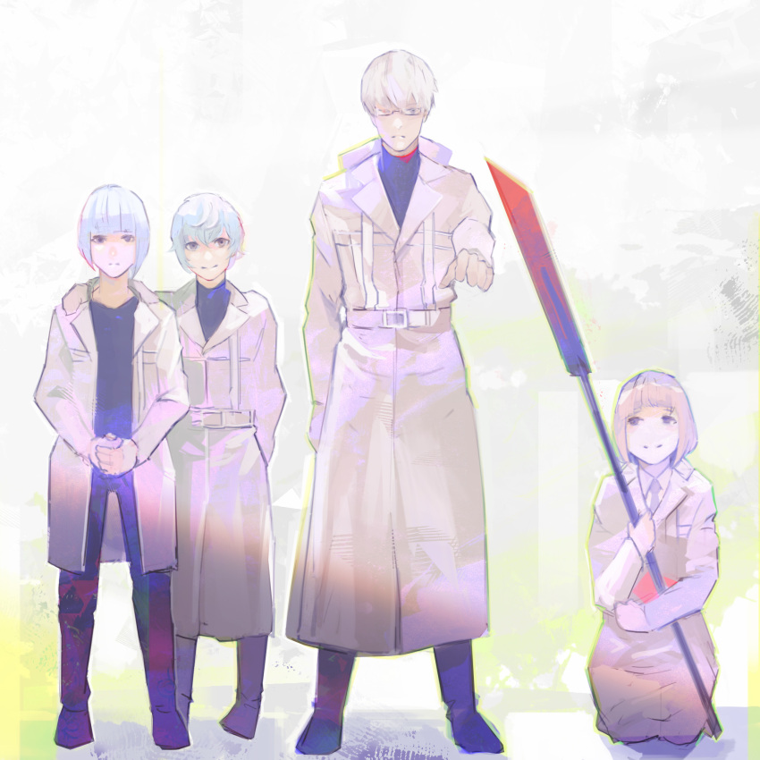 2boys 2girls arima_kishou arm_around_shoulder black_pants black_shirt blunt_bangs brown_jacket character_request check_character full_body glasses hairu_ihei highres holding holding_weapon if_they_mated jacket kyuuba_melo long_sleeves looking_at_another looking_at_viewer multiple_boys multiple_girls pants pink_hair seiza shirt short_hair sitting smile standing tokyo_ghoul tokyo_ghoul:re weapon white_hair