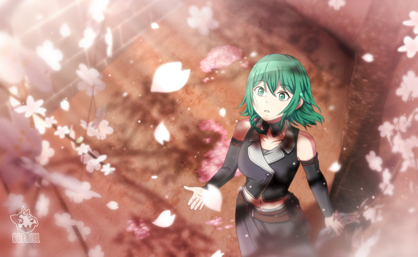 cherry_blossoms commentary dappled_sunlight detached_sleeves evillious_nendaiki female from_above green_eyes green_hair gumi hand_up highres holding looking_up mario_gagabriel nemesis_no_juukou_(vocaloid) nemesis_sudou official_style project_sekai shirt sleeveless sleeveless_shirt solo sunlight vocaloid