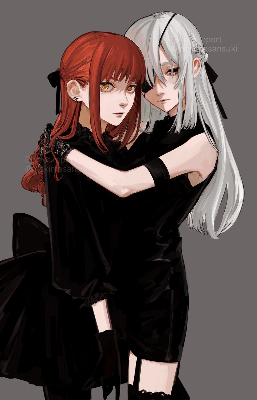 2girls alternate_costume alternate_hairstyle armband bad_id bad_twitter_id black_dress black_eyes black_gloves black_legwear black_ribbon braid chainsaw_man closed_mouth commentary cowboy_shot dress ear_piercing expressionless eyelashes eyepatch french_braid garter_straps gloves grey_background hair_ribbon highres hug kamo_(kamonegioisi) lips long_hair looking_at_viewer makima_(chainsaw_man) multiple_girls one_eye_covered piercing quanxi_(chainsaw_man) red_hair ribbon ringed_eyes simple_background sleeveless sleeveless_dress straight_hair thighhighs twitter_username watermark white_hair yellow_eyes