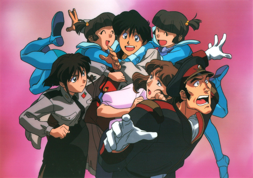 1990s_(style) 2boys 4girls black_eyes black_hair black_necktie bodysuit brown_eyes brown_hair closed_eyes emi_hanner gloves hair_bobbles hair_ornament harumi_nakagawa hat highres justy_ueki_tylor long_sleeves multiple_boys multiple_girls musekinin_kanchou_tylor necktie non-web_source official_art open_mouth peaked_cap pencil_skirt photoshop_(medium) pushing retro_artstyle short_hair siblings side_ponytail side_slit skirt twins uniform white_gloves yamamoto_makoto yumi_hanner yuriko_star