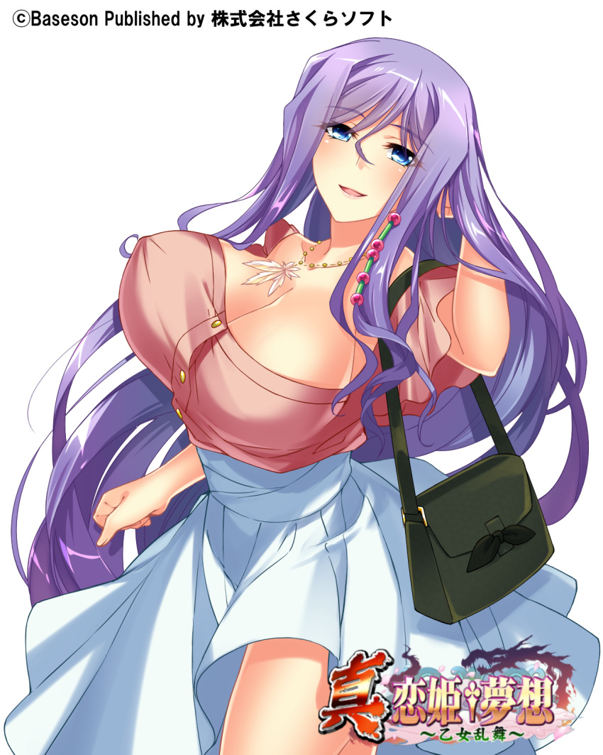 bad_id bad_pixiv_id bag beads blue_eyes breasts cleavage female hair_beads hair_ornament highres jewelry koihime_musou kouchuu large_breasts long_hair natsusemi necklace official_art pink_shirt purple_hair shirt simple_background skirt smile solo very_long_hair white_background white_skirt