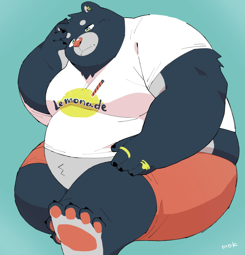 2022 absurd_res anthro bear belly big_belly blue_background clothing hi_res humanoid_hands kemono male mammal obese obese_male overweight overweight_male shirt simple_background sitting solo text text_on_clothing text_on_shirt text_on_topwear topwear uokkom