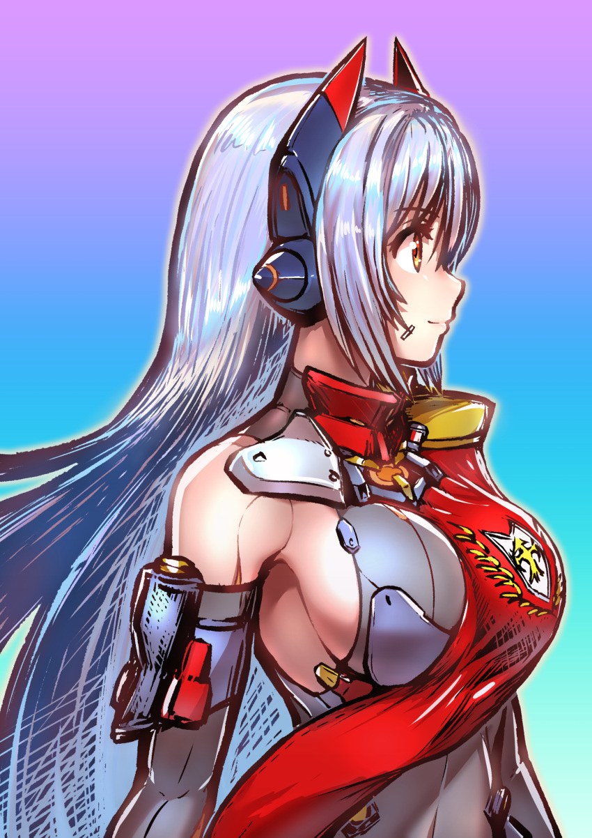 android bad_id bad_pixiv_id breasts elbow_gloves female fukadumeasadume gloves gradient_background highres large_breasts long_hair looking_to_the_side orange_eyes poppi_(xenoblade) poppi_qtpi_(xenoblade) purple_hair robot science_fiction smile xenoblade_chronicles_(series) xenoblade_chronicles_2