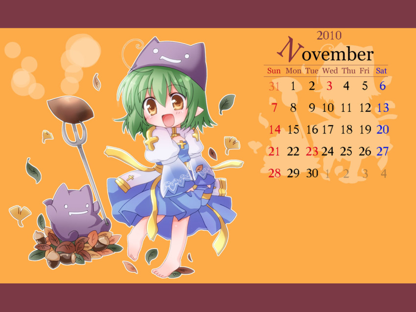 2010 acorn arch_bishop_(ragnarok_online) bad_id bad_pixiv_id barefoot blue_dress blush brown_eyes calendar_(medium) chibi cleavage_cutout clothing_cutout commentary_request cross deviruchi deviruchi_hat dress falling_leaves female food full_body green_hair hair_between_eyes hat hizukiryou holding juliet_sleeves leaf letterboxed long_sleeves looking_to_the_side medium_hair november open_mouth pointy_ears polearm puffy_sleeves ragnarok_online sweet_potato trident two-tone_dress weapon white_dress