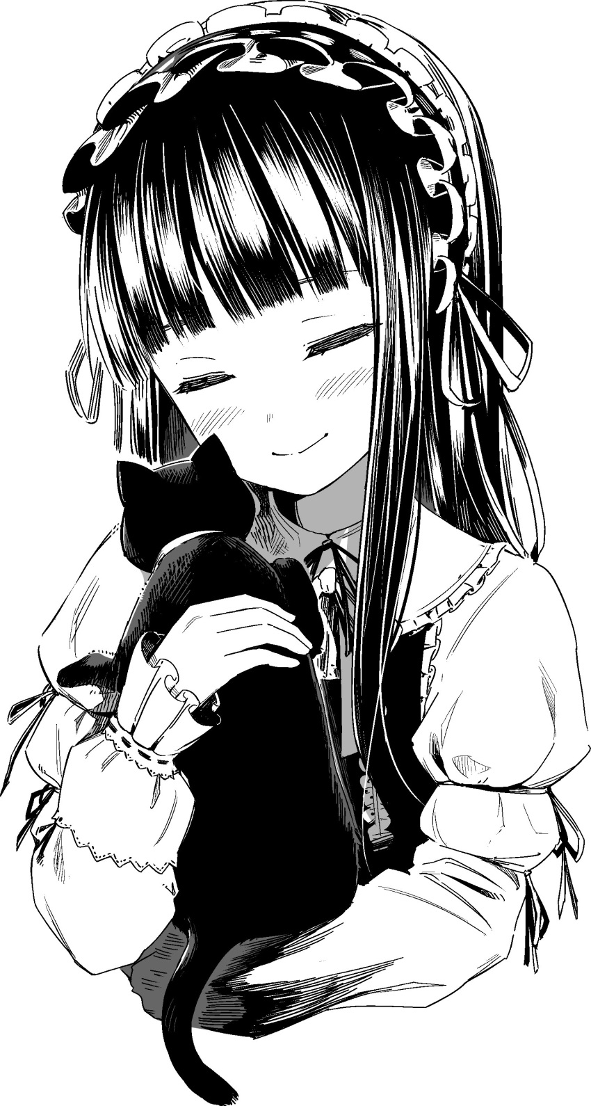 absurdres animal arm_ribbon black_cat blunt_bangs blush closed_eyes collar commentary cropped_torso feline female frilled_collar frilled_hairband frilled_sleeves frills greyscale hair_ribbon hairband highres holding holding_animal holding_cat idolmaster idolmaster_cinderella_girls inumori_shirou juliet_sleeves lolita_fashion lolita_hairband long_hair long_sleeves monochrome pero_(idolmaster_cinderella_girls) puffy_sleeves ribbon sajo_yukimi simple_background sleeves_past_wrists smile upper_body