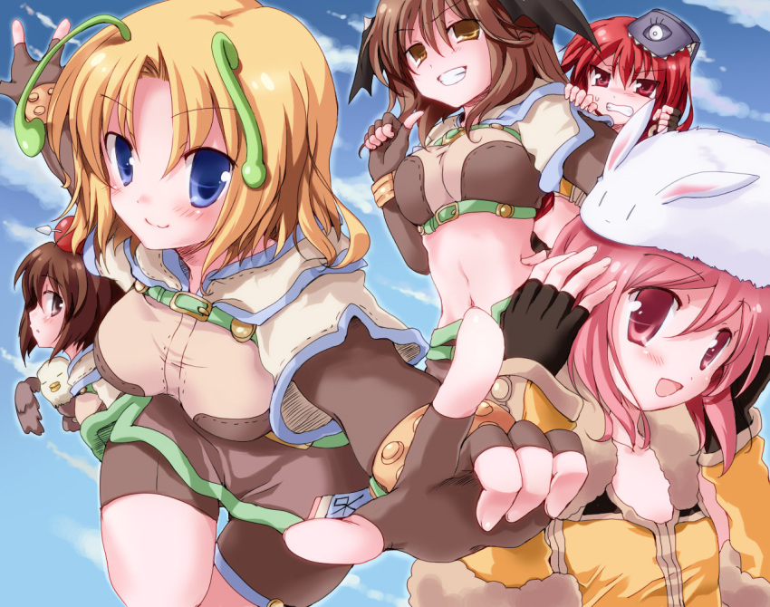 5girls antennae apple apple_on_head arrow_(projectile) arrow_through_apple bad_id bad_pixiv_id bike_shorts bird black_wings blonde_hair blue_eyes breasts brown_eyes brown_gloves brown_hair brown_shirt brown_shorts brown_skirt clenched_teeth closed_mouth commentary_request crop_top demon_wings elbow_gloves falcon feet_out_of_frame fingerless_gloves food fruit fur-trimmed_gloves fur-trimmed_shirt fur_trim gloves grin hair_between_eyes head_wings hizukiryou hunter_(ragnarok_online) jacket large_breasts looking_at_viewer lunatic_(ragnarok_online) medium_breasts medium_hair midriff miniskirt multiple_girls navel open_mouth parted_bangs pink_hair rabbit ragnarok_online red_eyes red_hair shirt short_hair short_shorts short_sleeves shorts shorts_under_skirt skirt smile sniper_(ragnarok_online) teeth two-tone_shirt white_jacket wings wristband yellow_shirt