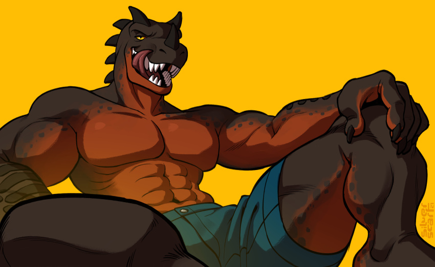 2022 abs anthro biceps bottomwear clothed clothing dinosaur extinct hi_res licking licking_lips licking_own_lips male muscular muscular_arms muscular_male pecs prehistoric_species reptile scalie self_lick sharp_teeth shorts silverscarf simple_background solo teeth tongue tongue_out topless topless_male yellow_background