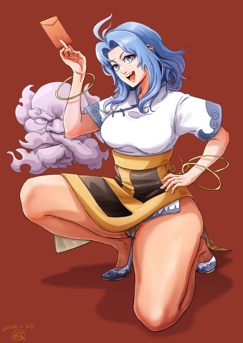 1boy absurdres blue_eyes blue_hair bracelet breasts commentary_request comrade_bai_yangqi dated english_commentary female full_body highres holding jewelry kesa kumoi_ichirin large_breasts looking_at_viewer medium_hair mixed-language_commentary on_one_knee open_mouth short_sleeves signature teeth thighs touhou unzan upper_teeth_only white_footwear