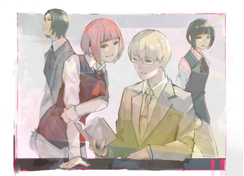 2boys 2girls arima_kishou aura_kiyoko black_jacket black_vest blunt_bangs book border brown_jacket brown_shirt collared_shirt furuta_nimura glasses grey_pants hairu_ihei highres jacket kyuuba_melo long_sleeves multiple_boys multiple_girls necktie open_book pants pink_hair reading red_necktie shirt short_hair smile tokyo_ghoul tokyo_ghoul:re vest white_border