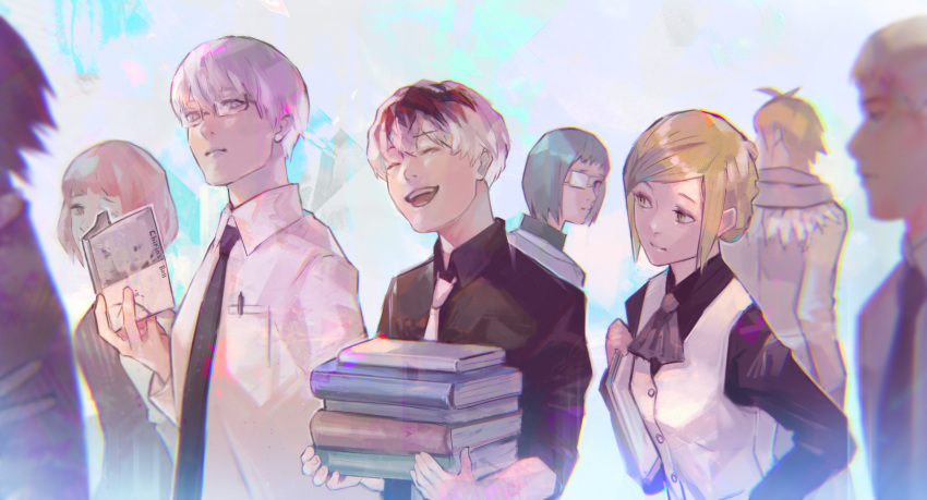 3girls 4boys :d antenna_hair arima_kishou ascot black_necktie black_shirt blonde_hair book book_stack character_request closed_eyes closed_mouth collared_shirt commentary_request eyepatch glasses green_hair grey_background grey_necktie hairu_ihei hand_up highres holding holding_book kyuuba_melo long_sleeves mado_akira medical_eyepatch multicolored_hair multiple_boys multiple_girls mutsuki_tooru necktie open_book pen pink_hair sasaki_haise shirazu_ginshi shirt short_hair smile teeth tokyo_ghoul tokyo_ghoul:re two-tone_hair upper_teeth_only vest white_shirt white_vest