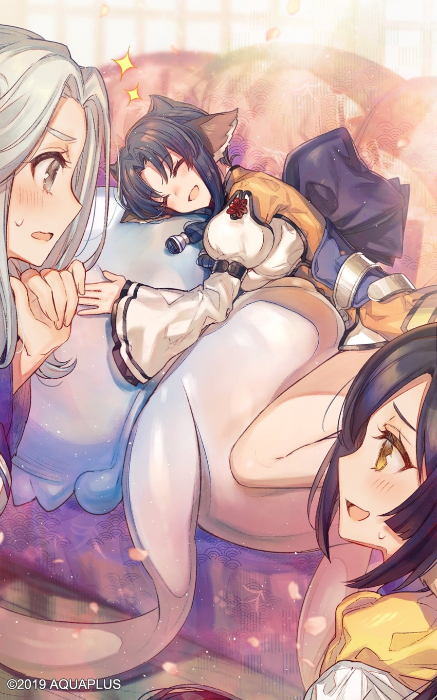 3girls animal_ears aquaplus atuy black_hair blue_hair blush breasts chocoan closed_eyes couch eyelashes from_side grey_eyes highres hug kuon_(utawarerumono) large_breasts looking_at_another multiple_girls munechika official_art open_mouth scarf sweatdrop swept_bangs utawarerumono utawarerumono:_itsuwari_no_kamen utawarerumono:_lost_flag white_hair yellow_eyes