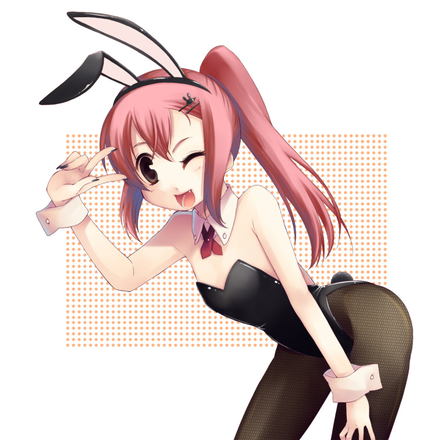 animal_ears bad_id bad_pixiv_id bent_over brown_eyes female fishnet_pantyhose fishnets hair_ornament hairclip highres long_hair momoyama_nozomu oerba_yun_fang one_eye_closed original pantyhose pink_hair playboy_bunny rabbit_ears solo twintails