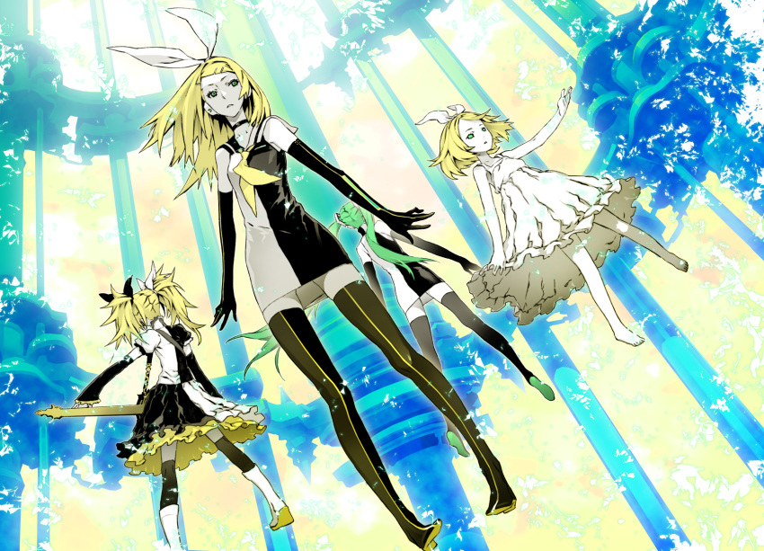 4girls blonde_hair choker commentary_request dress hatsune_miku hatsune_miku_(roshin_yuukai/nitamagomix) highres kagamine_rin kagamine_rin_(roshin_yuukai) kagamine_rin_(roshin_yuukai/hard_rkmix) legs miwa_shirow multiple_girls multiple_persona photoshop_(medium) roshin_yuukai_(vocaloid) thighhighs time_paradox twintails vocaloid