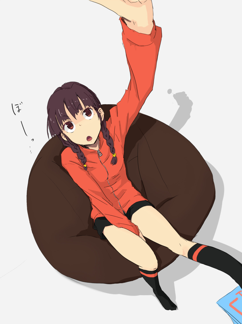 black_socks braid brown_eyes brown_hair candy chair commentary_request female food hair_over_shoulder highres lollipop long_hair original partial_commentary shadow sitting socks solo translation_request twin_braids yammy_(cellblo) zipper