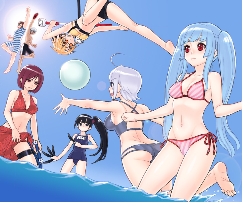 2boys 5girls ahoge angel_(kof) ass atk bad_id bad_pixiv_id barefoot bikini black_hair blue_hair day diagonal_stripes feathers feet k'_(kof) kof:_maximum_impact kula_diamond kurosaki_miu lens_flare maxima maximum_impact_ii multiple_boys multiple_girls nagase_(kof) navel red_eyes shouryuuken side-tie_bikini_bottom side_ponytail striped_bikini striped_clothes swimsuit the_king_of_fighters the_king_of_fighters_ex2 twintails uppercut wading water whip_(kof)