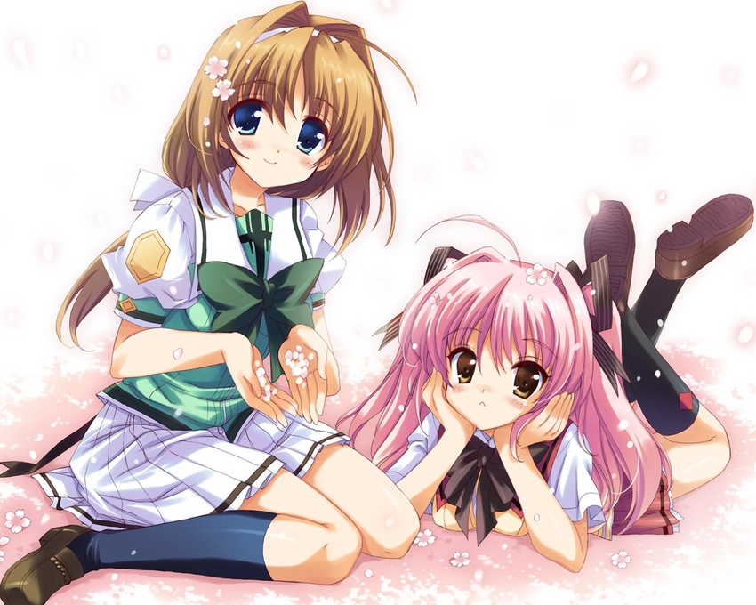 2girls :< ahoge black_legwear blue_eyes blush brown_eyes brown_footwear cherry_blossoms choukou_sennin_haruka flower hair_flower hair_intakes hair_ornament hair_ribbon hairband kneehighs loafers long_hair looking_at_viewer lying multiple_girls on_stomach pink_skirt pleated_skirt puffy_sleeves qp:flapper ribbon school_uniform shihoudou_narika shoes short_sleeves sitting skirt smile socks takamori_haruka wariza white_skirt