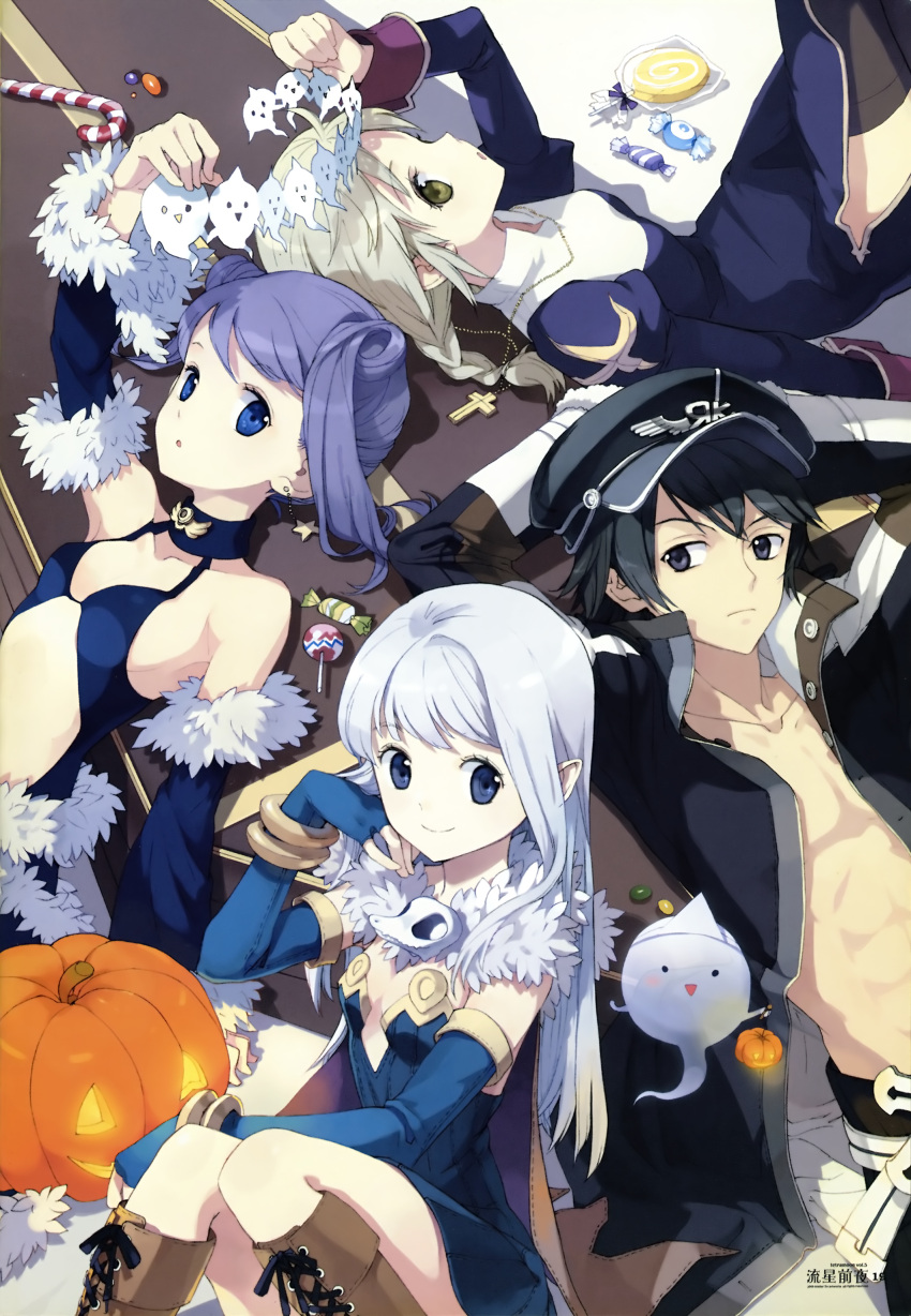 1boy 3girls absurdres alchemist_(ragnarok_online) bare_shoulders boots candy cape choker cross cross-laced_footwear cross_necklace detached_sleeves earrings elbow_gloves fingerless_gloves food fur-trimmed_sleeves fur-trimmed_waist_cape fur_trim gimp_(medium) gloves gunslinger_(ragnarok_online) highres jewelry lace-up_boots lude_(ragnarok_online) multiple_girls necklace priest priest_(ragnarok_online) ragnarok_online stalker_(ragnarok_online) thighhighs tiv waist_cape