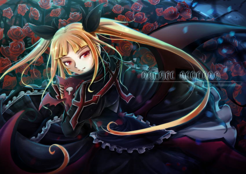 absurdres blazblue blonde_hair commentary_request female floral_background flower frills gii gothic_lolita highres hug lolita_fashion long_hair looking_back md5_mismatch murasaki-hoshi photoshop_(medium) rachel_alucard red_eyes red_flower red_rose resolution_mismatch ribbon rose solo source_smaller twintails wings