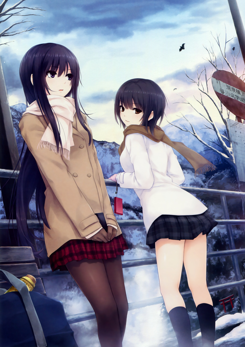 2girls absurdres against_railing aoyama_sumika bag bird black_hair black_legwear brown_eyes cellphone coffee-kizoku female gloves highres light_smile long_hair looking_back multiple_girls original pantyhose phone plaid plaid_skirt pleated_skirt purple_eyes purple_hair scan scarf school_bag seifaku shiramine_rika short_hair shoulder_bag skirt sky sleeves_past_wrists snow socks torii