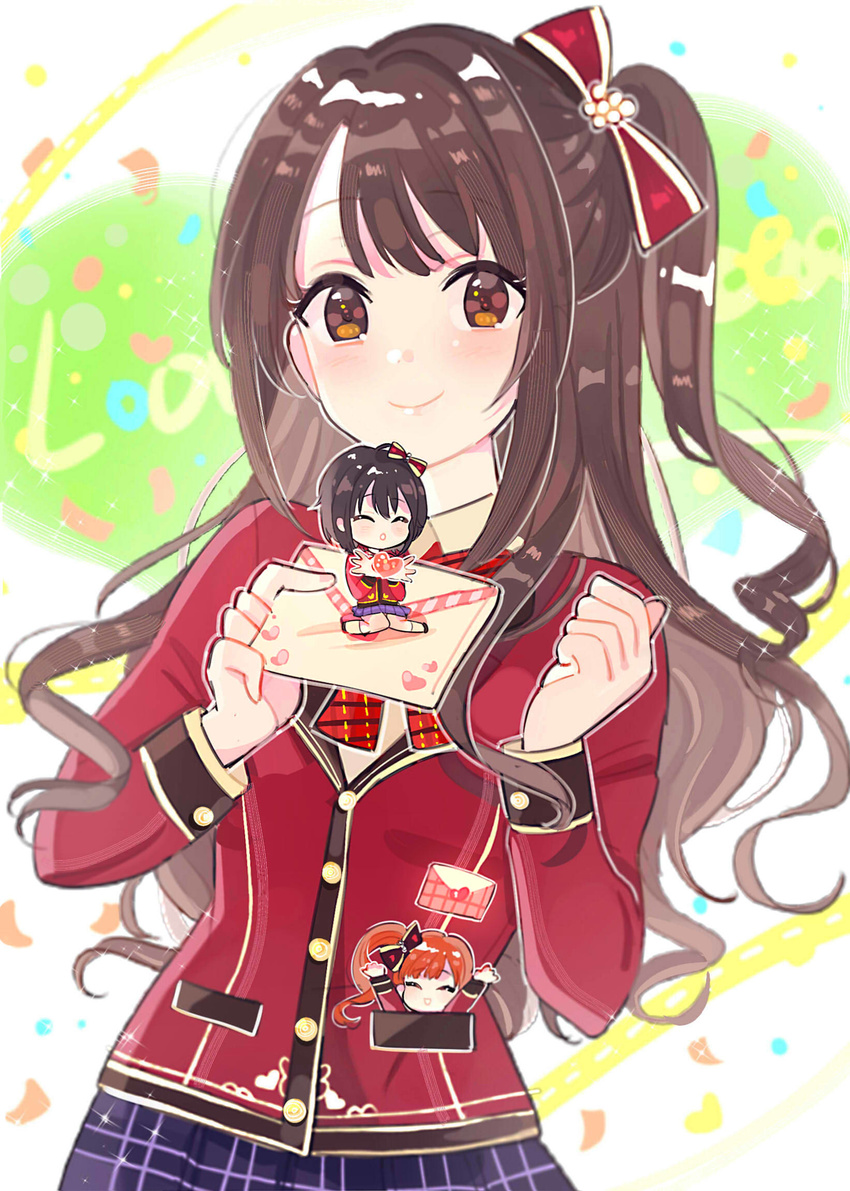 3girls black_hair blazer brown_eyes brown_hair closed_eyes commentary_request highres idolmaster idolmaster_cinderella_girls idolmaster_cinderella_girls_starlight_stage igarashi_kyoko jacket kohinata_miho long_hair love_letter_(idolmaster) mini_person minigirl multiple_girls one_side_up pink_check_school_(idolmaster) shimamura_uzuki short_hair smile wenquangua