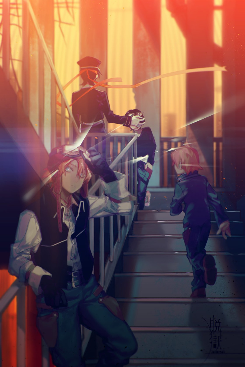 2boys age_comparison bad_id bad_twitter_id black_hair blindfold blue_eyes copyright_name datsugoku_(vocaloid) dual_persona gloves goggles highres kawasemi_(datsugoku) kuina_(datsugoku) lens_flare lolicon male_focus multiple_boys pilot red_hair shoes sidu_(dsd_kgn) sneakers stairs stairwell