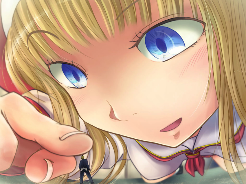 1boy archived_source bad_id bad_link blonde_hair blue_eyes blurry blush female from_below giant giantess mini_person miniboy necktie ookiku_narue pointing pointing_at_another red_skirt shirt shukushou_gakuen size_difference skirt sleeve_cuffs white_shirt