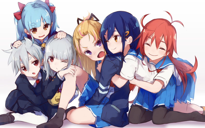 1boy 6+girls ;) ^_^ ahoge black_pantyhose black_socks blazer blonde_hair blue_hair blush brown_eyes closed_eyes commentary_request flip_flappers girl_sandwich grey_hair hair_ribbon hand_on_another's_head hug hug_from_behind jacket kokomine_cocona long_hair makihitsuji multiple_girls no_shoes nyunyu one_eye_closed orange_hair pantyhose papika_(flip_flappers) purple_eyes red_eyes red_hair ribbon sandwiched school_uniform serafuku short_hair silver_hair simple_background sitting skirt smile socks thick_eyebrows toto_(flip_flappers) twintails white_background white_legwear yayaka yuyu_(flip_flappers)