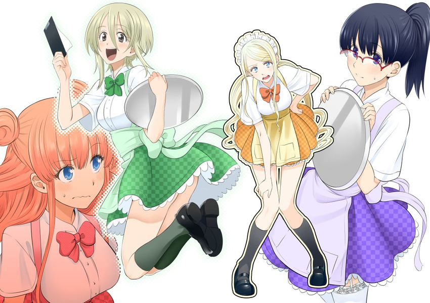 4girls apron bad_id bad_twitter_id black_legwear blonde_hair blue_eyes bow bowtie double_bun glasses green_legwear hair_bun headdress hoshino_me_wo_tsubutte. hoshino_misaki kanou_manaka kneehighs komiya_ryouko long_hair matsukata_iori multiple_girls nagashii_kouhei open_mouth orange_hair ponytail purple_eyes smile socks tray waitress white_background