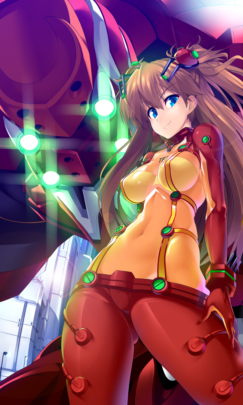 absurdres asuka_langley blue_eyes bodysuit brown_hair eva_02 evangelion:_2.0_you_can_(not)_advance hand_on_thigh high_res long_hair mecha neon_genesis_evangelion plugsuit potion_(artist) rebuild_of_evangelion skin_tight smile test_plugsuit