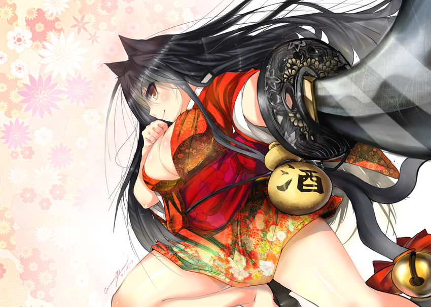 animal_ears bell black_hair breasts cameron_johnson cat_ears cat_tail commentary_request female gourd japanese_clothes katana kimono large_breasts long_hair original solo sword tail weapon