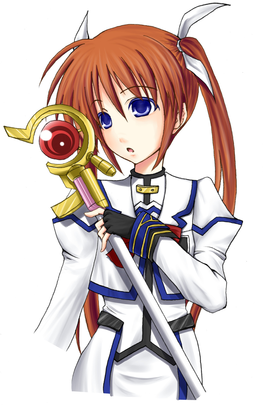 barrier_jacket blue_eyes brown_hair fingerless_gloves gloves hair_ribbon high_res long_hair mahou_shoujo_lyrical_nanoha mahou_shoujo_lyrical_nanoha_a's open_mouth raising_heart ribbon staff takamachi_nanoha twintails