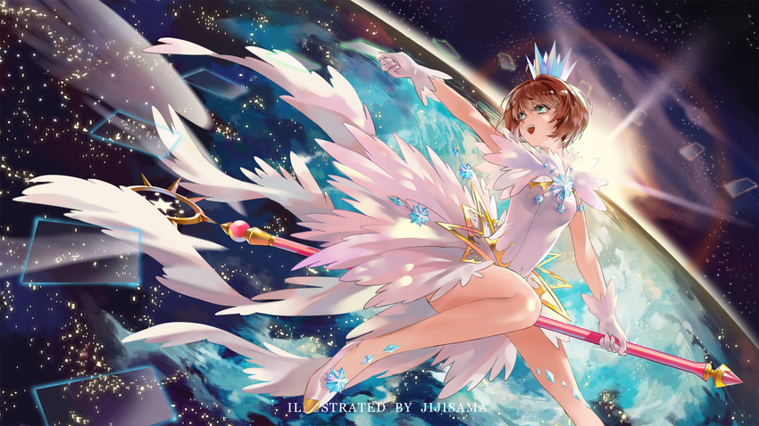 :d artist_name bare_legs brown_hair card cardcaptor_sakura cardcaptor_sakura_clear_card_arc clear_card commentary_request crown dress earth_(planet) female flying gem gloves highres holding holding_card jiji_(pixiv10646874) kinomoto_sakura kinomoto_sakura_(crystal_feather_dress) open_mouth outstretched_arm photoshop_(medium) planet short_hair smile solo space staff sunlight teeth upper_teeth_only white_dress white_footwear white_gloves yume_no_tsue