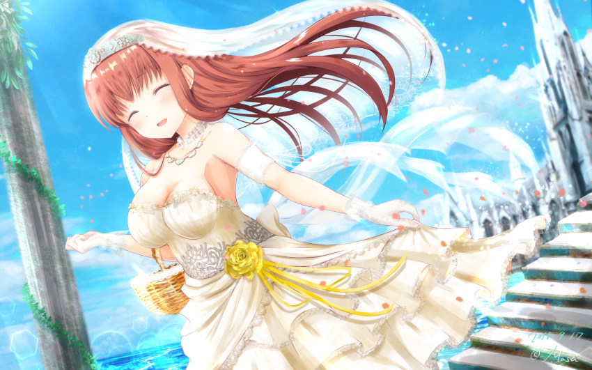 amatsu_kanata arm_strap artist_name bare_shoulders basket blue_sky blurry breasts bridal_veil bride brown_hair church cleavage closed_eyes cloud collarbone commentary_request dated day depth_of_field dress female flower girlfriend_(kari) gloves highres holding holding_basket jewelry large_breasts long_hair masa_(mirage77) medium_breasts necklace ocean open_mouth outdoors partial_commentary petals rose sky smile solo stairs standing strapless strapless_dress veil water wedding wedding_dress white_dress white_gloves yellow_flower yellow_rose