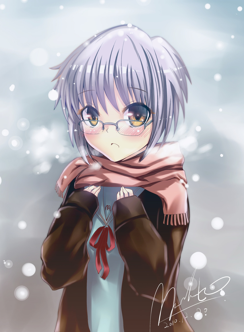 blush brown_eyes coat high_res megane nagato_yuki nagato_yuki_(shoushitsu) open_clothes open_coat purple_hair ribbon scarf school_uniform serafuku short_hair snow suzumiya_haruhi_no_shoushitsu suzumiya_haruhi_no_yuuutsu