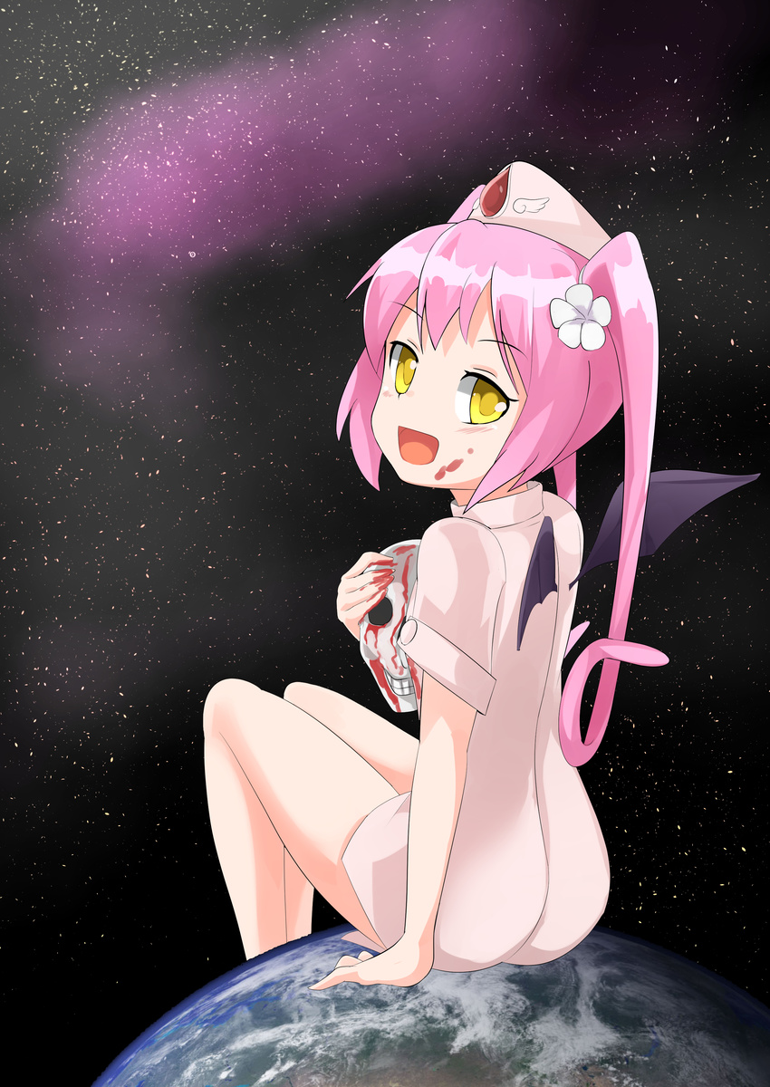 :d absurdres ass bat_wings blood blood_on_face blush borrowed_character circled_9 commentary_request earth_(planet) ebola-chan female flower giant giantess hair_flower hair_ornament hat highres holding kuku123 long_hair looking_back nurse nurse_cap open_mouth original personification pink_hair planet short_sleeves sitting skull smile solo space star_(sky) twintails wings yellow_eyes