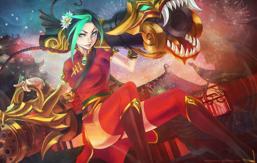 absurdres alternate_costume alternate_hair_color black_hair boots breasts cannon china_dress chinese_clothes commentary dandelion dress female firecracker_jinx fireworks flower gatling_gun green_eyes green_hair gun hair_flower hair_ornament hair_ribbon highres huge_weapon jinx_(league_of_legends) knee_boots league_of_legends light_smile lipstick long_hair looking_at_viewer low_twintails makeup minigun monori_rogue multicolored_hair photoshop_(medium) red_dress red_thighhighs ribbon sky small_breasts solo star_(sky) starry_sky tattoo thighhighs twintails two-tone_hair very_long_hair weapon