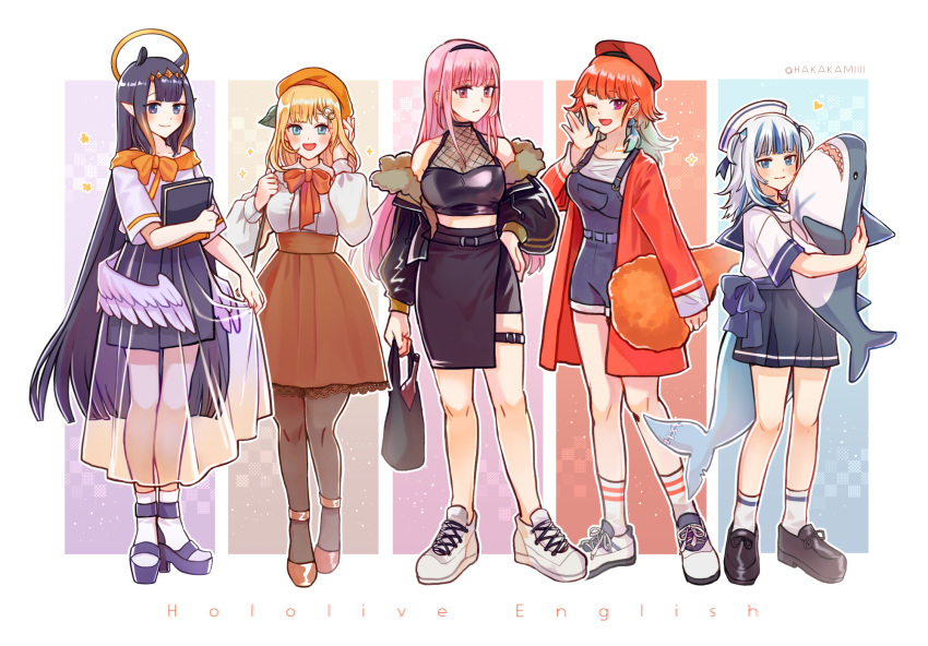 5girls alternate_costume aqua_hair artist_name bag bare_shoulders beret black_choker black_footwear black_hairband black_jacket black_pantyhose black_skirt blue_eyes blue_hair blunt_bangs blush book bottle bow bowtie breasts brown_headwear brown_skirt casual chicken_(food) chicken_leg choker commentary earrings english_commentary english_text fashion feather_earrings feathers fins fish_tail fishnet_top fishnets food fried_chicken full_body fur-trimmed_jacket fur_trim gawr_gura gradient_hair grey_hair hair_ornament hairband hairclip hakamii halo hand_in_own_hair hand_on_own_hip hand_up hat heart high-waist_skirt high_heels highres holding holding_bag holding_book holding_stuffed_toy hololive hololive_english holomyth hugging_doll hugging_object jacket jewelry large_breasts long_hair long_skirt long_sleeves looking_at_viewer low_wings medium_breasts medium_hair midriff mori_calliope multicolored_hair multiple_girls ninomae_ina'nis off_shoulder one_eye_closed open_mouth orange_bow orange_bowtie orange_footwear orange_hair orange_headwear orange_robe overall_shorts overalls pantyhose pink_eyes pink_hair pointy_ears purple_footwear purple_hair purple_skirt robe sailor sailor_collar sailor_hat school_uniform see-through see-through_skirt serafuku shark_girl shark_tail shirt shoes short_sleeves side_slit sidelocks skirt skirt_hold sleeveless sleeveless_shirt small_breasts smile sneakers socks sparkle stuffed_animal stuffed_shark stuffed_toy tail takanashi_kiara tentacle_hair thigh_strap tiara two-tone_hair two_side_up very_long_hair virtual_youtuber watson_amelia waving white_footwear white_shirt white_socks wine_bottle wings