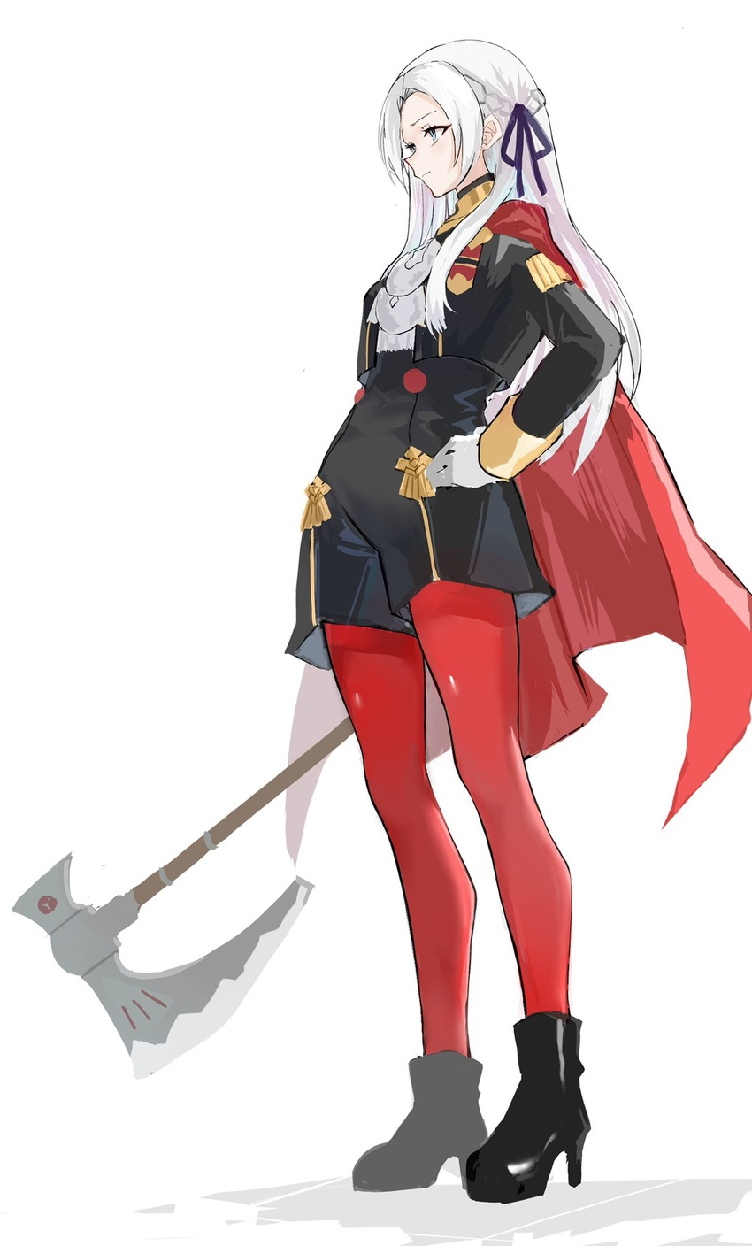 axe breasts cape closed_mouth edelgard_von_hresvelg female fire_emblem fire_emblem:_three_houses full_body garreg_mach_monastery_uniform gloves hair_ornament hair_ribbon highres long_hair long_sleeves pantyhose purple_eyes red_cape ribbon ruwo_benzen shorts simple_background smile solo uniform weapon