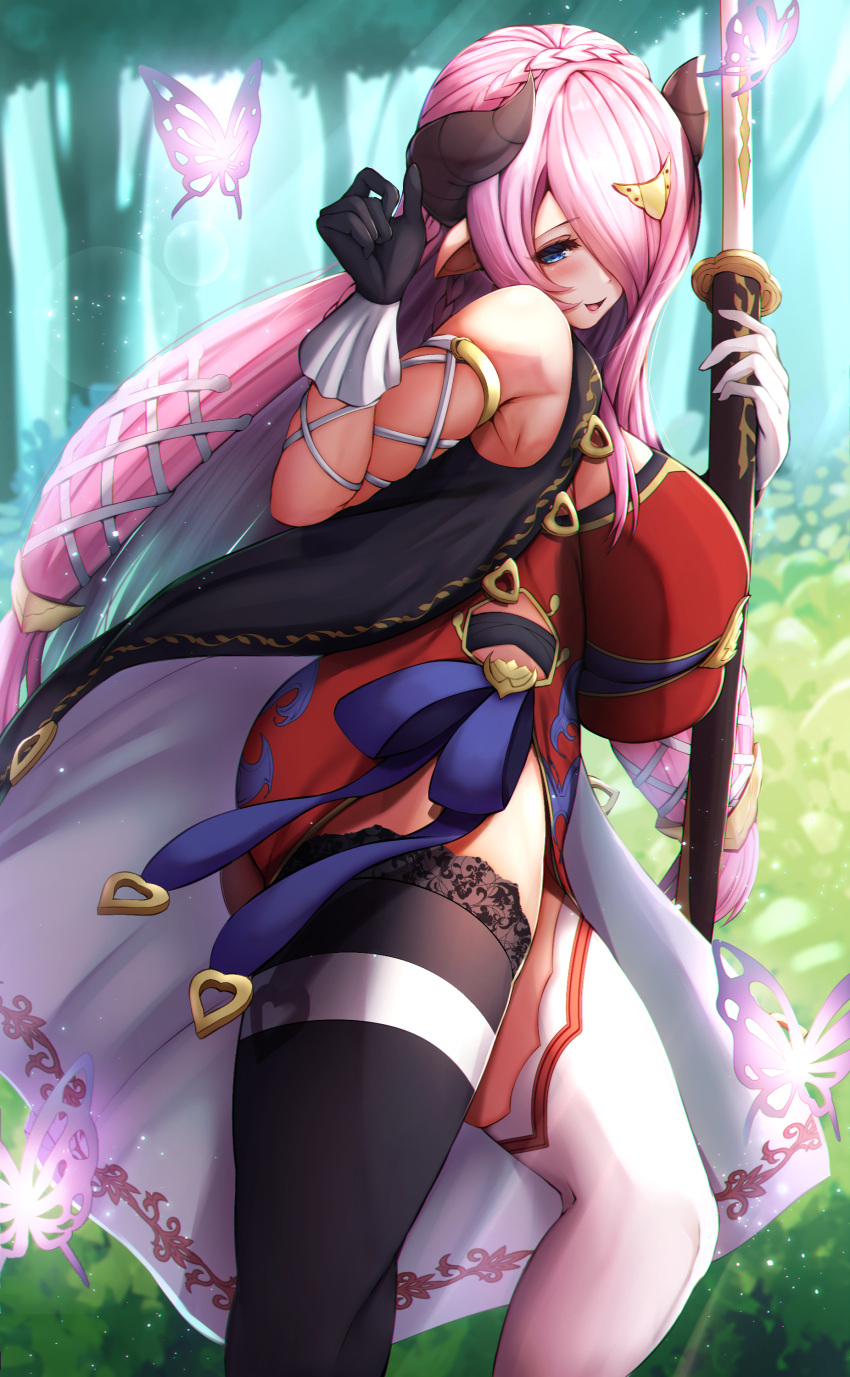 absurdres asymmetrical_gloves asymmetrical_legwear bare_shoulders black_gloves blue_eyes blush breasts bug butterfly commission draph dress feet_out_of_frame female gloves granblue_fantasy hair_ornament hair_over_one_eye hand_up highres holding holding_weapon horns katana large_breasts long_hair looking_at_viewer mismatched_gloves mismatched_legwear narmaya_(granblue_fantasy) one_eye_covered outdoors parted_lips pink_hair pointy_ears red_dress side_slit skeb_commission smile solo standing sword thighhighs thighs tiri_man weapon white_gloves