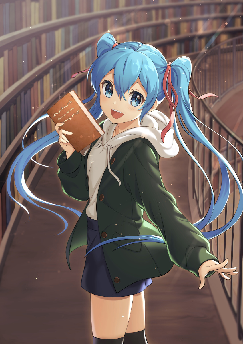 :d absurdres alternate_costume black_thighhighs blue_eyes blue_hair blue_shorts blush book bookshelf casual coat commentary cowboy_shot drawstring english_text female gen_(gen_m_gen) green_coat hair_ribbon hatsune_miku highres holding holding_book hood hood_down hoodie indoors lens_flare library long_hair long_sleeves looking_at_viewer open_clothes open_coat open_mouth railing red_ribbon ribbon round_teeth shorts smile solo sparkle teeth thighhighs twintails upper_teeth_only very_long_hair vocaloid white_hoodie