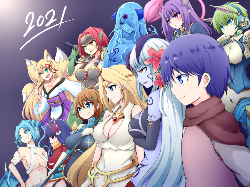 1boy 2021 6+girls alipheese_fateburn_xvi alma_elma animal_ear_fluff animal_ears arm_tattoo armor bare_shoulders blonde_hair blue_cloak blue_eyes breastplate breasts brynhildr_(mon-musu_quest!) cape circlet cleavage cloak closed_mouth collarbone collared_jacket colored_skin commentary_request cross_print demon_girl demon_horns dragon_girl elbow_gloves erubetie everyone eye_tattoo facial_tattoo flower folding_fan forehead_protector fox_ears fox_tail gloves granberia green_eyes green_hair grin hair_flower hair_ornament hair_tattoo hand_fan highres hime_cut holding holding_fan holding_weapon horns ilias jacket japanese_clothes jewelry kitsune large_breasts long_hair looking_to_the_side luka_(mon-musu_quest!) mon-musu_quest! mon-musu_quest:_paradox monster_girl morrigan_(mon-musu_quest!) multiple_girls multiple_tails navel necklace nuruko one_eye_covered open_mouth pointy_ears purple_hair raichi_(ddq0246) red_cape red_eyes red_flower red_hair robot scarf short_hair shoulder_pads simple_background sleeveless slime_girl smile sonya_(mon-musu_quest!) stomach_tattoo tail tamamo_(mon-musu_quest!) tattoo teeth tongue weapon white_gloves white_hair yellow_eyes