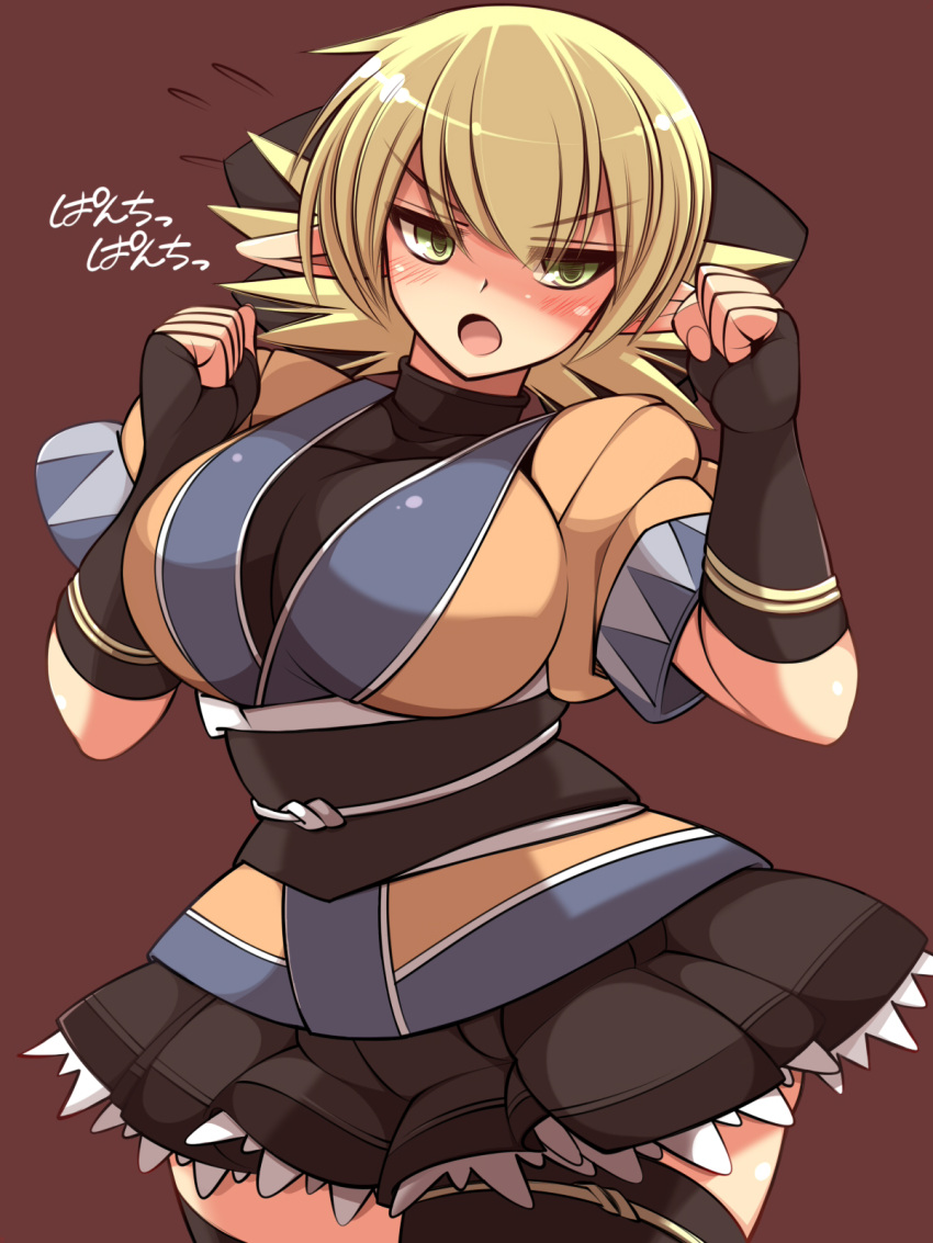 adapted_costume alternate_breast_size black_gloves black_sash black_shirt black_skirt black_thighhighs blonde_hair blush breasts brown_background brown_jacket clip_studio_paint_(medium) commentary_request cowboy_shot elbow_gloves female flying_sweatdrops gloves green_eyes hair_between_eyes highres jacket large_breasts layered_clothes looking_at_viewer medium_hair mizuhashi_parsee multicolored_clothes multicolored_jacket obi open_mouth pointy_ears sash shirt simple_background skirt solo thighhighs touhou translation_request ueda_katsuhito zettai_ryouiki