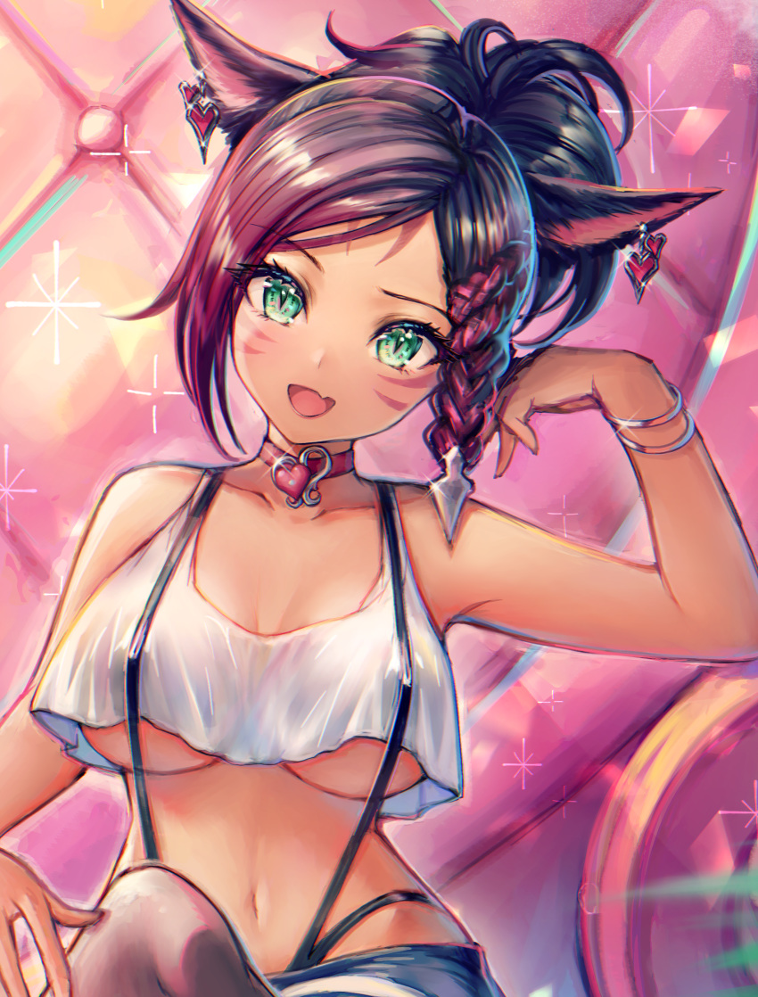 :d absurdres animal_ears arm_up bangle bare_arms bare_shoulders black_hair black_legwear bracelet braid breasts brooch cat_ears choker close-up collarbone commission crop_top crop_top_overhang earrings facial_mark female final_fantasy final_fantasy_xiv green_eyes hair_ornament head_tilt highleg highres jewelry large_breasts long_hair looking_at_viewer marie_makise midriff miqo'te mirukurim navel oerba_yun_fang open_mouth parted_bangs ponytail shirt sleeveless sleeveless_shirt slit_pupils smile solo stomach suspenders underboob warrior_of_light_(ff14) white_shirt