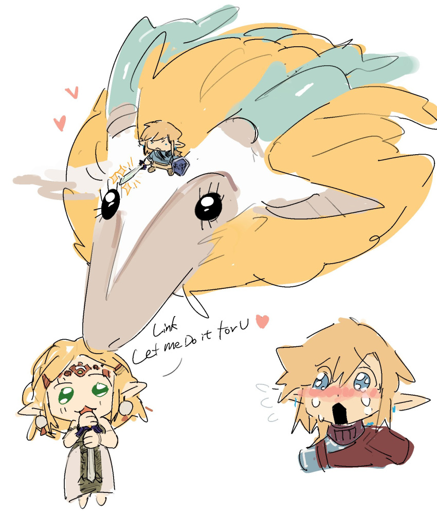 blonde_hair blush bodily_fluids chibi clothed clothing crying dialogue dragon english_text female feral group hair hi_res horn humanoid hylian larger_feral let_me_do_it_for_you light_dragon_(totk) link male master_sword melee_weapon meme mythological_creature mythological_scalie mythology nihaku nintendo princess_zelda scalie size_difference sword tears tears_of_the_kingdom text the_legend_of_zelda weapon