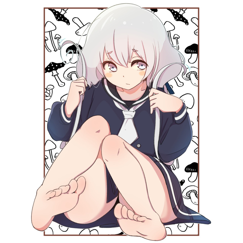 bare_legs barefoot black_sailor_collar blue_eyes blush_stickers carrion1129 commentary_request dress feet female food_print highres konno_junko long_sleeves low_twintails mushroom_print necktie sailor_collar sailor_dress sitting solo thighs toes twintails white_eyes white_hair white_necktie zombie_land_saga